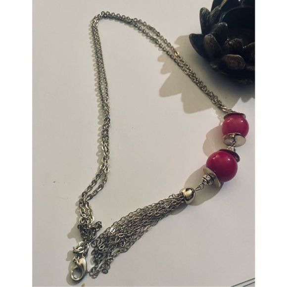 DOUBLE RED BEAD DROP BOHO SILVER TASSEL NECKLACE - Picture 2 of 5